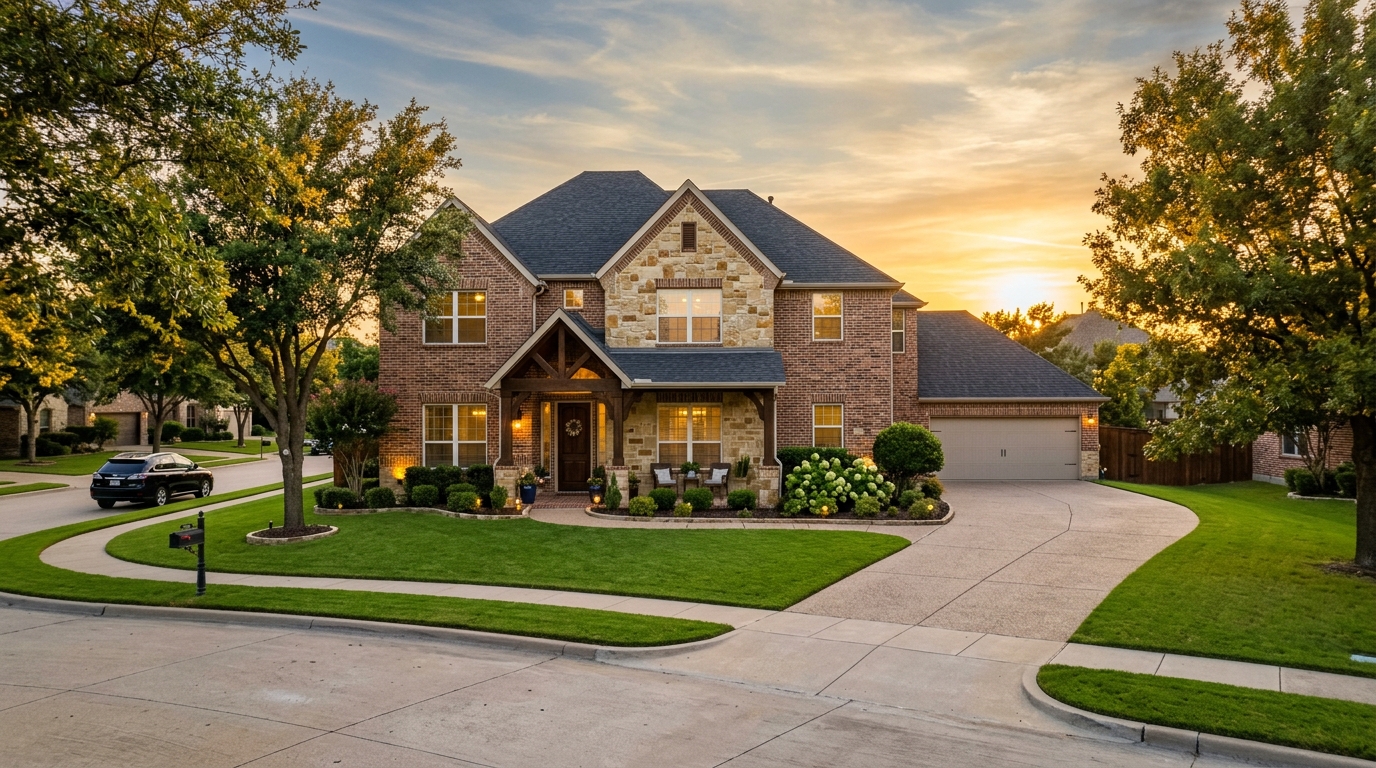 Beautiful single-family brick home exterior representing homes and properties for sale in Mansfield TX during sunset.