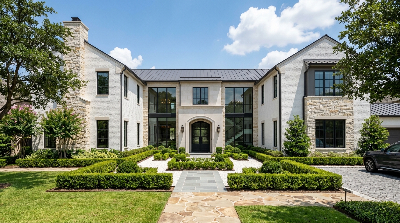 Executive limestone custom home in West Plano TX with manicured lawn and mature trees.