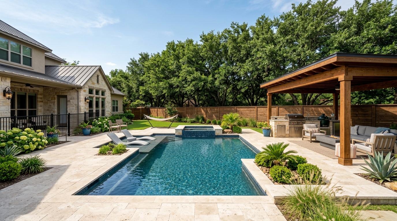 Backyard swimming pool and covered cedar outdoor kitchen in an established West Plano TX neighborhood.